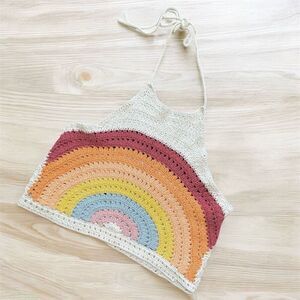 American Eagle Crochet Rainbow Cream Halter Top Crop Extra Small XS
